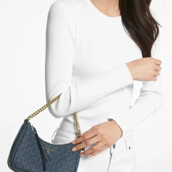 New Michael Kors Jet Set Charm Small Logo Pochette Admiral / Pale Blue / Gold - Picture 3 of 3